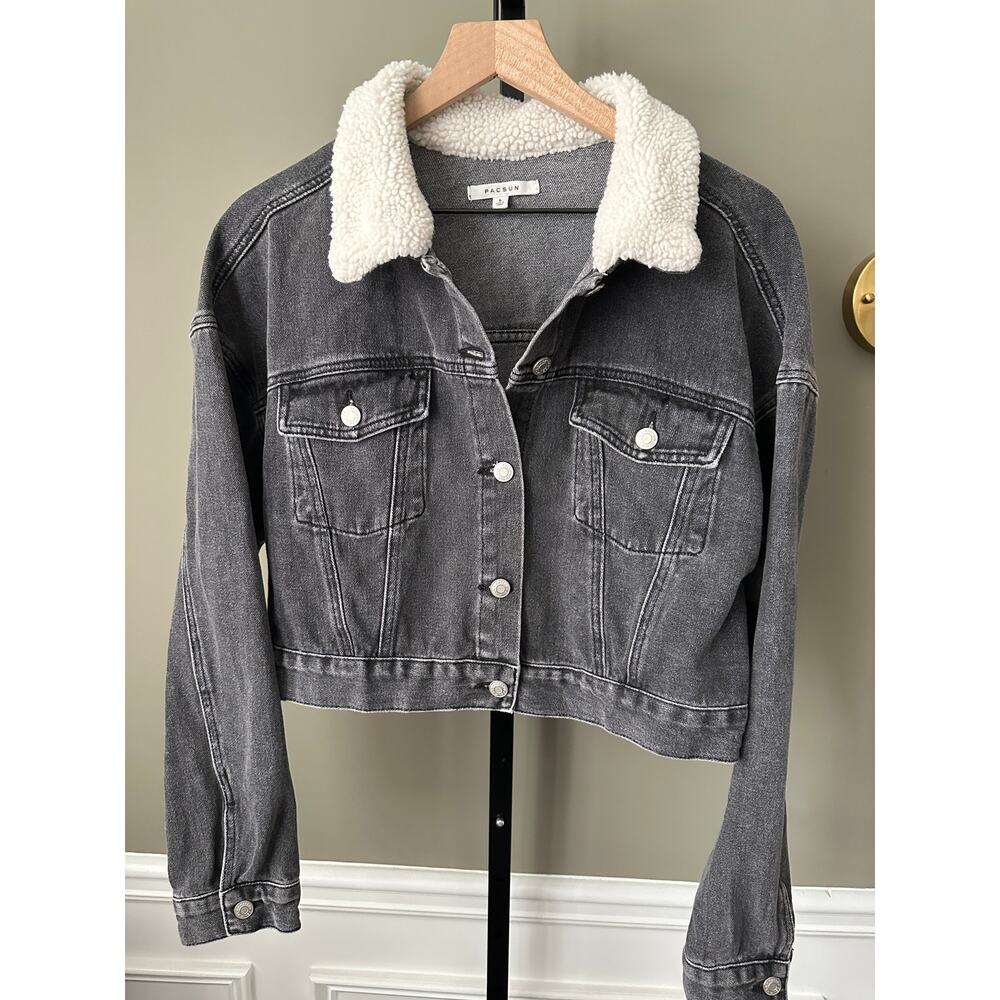 PacSun Sherpa Collar Cropped Black Denim Trucker Jacket Large - Picture 2 of 6